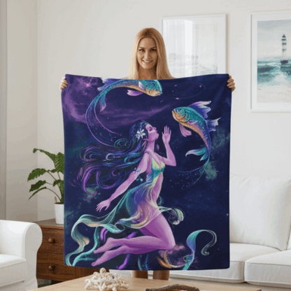 Woman holding a colorful mermaid blanket in a living room