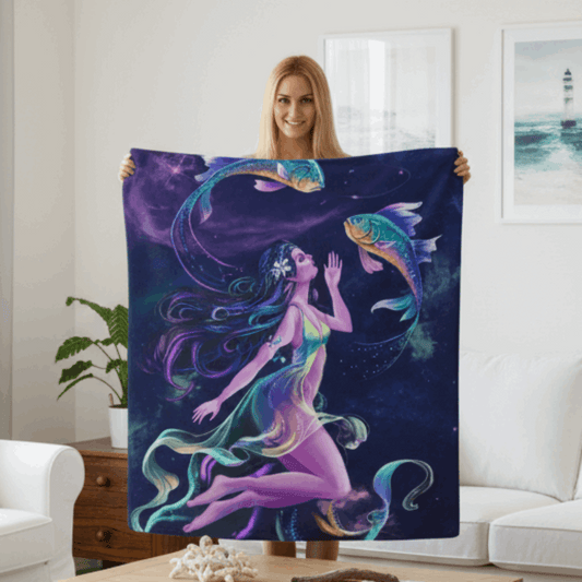 Woman holding a colorful mermaid blanket in a living room