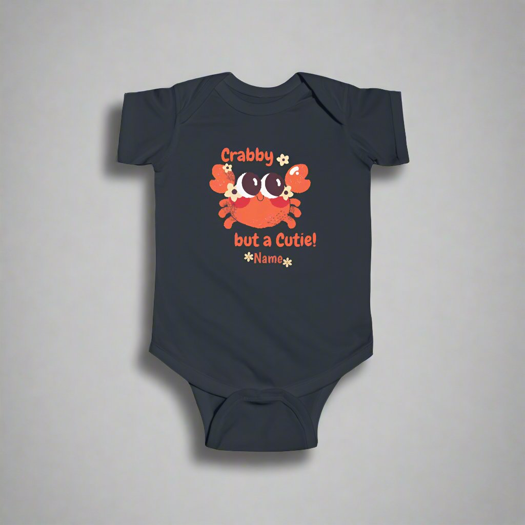 Black short-sleeved bodysuit with cartoon crab that says crabby but a cutie with a space for a personalized name below.