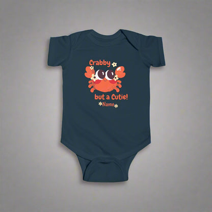 Navy Blue short-sleeved bodysuit with cartoon crab that says crabby but a cutie with a space for a personalized name below.