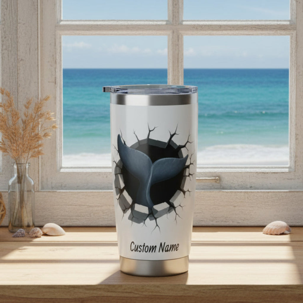 Silver tumbler with dolphin tail going into the tumbler and 'Custom Name' text on a white background.