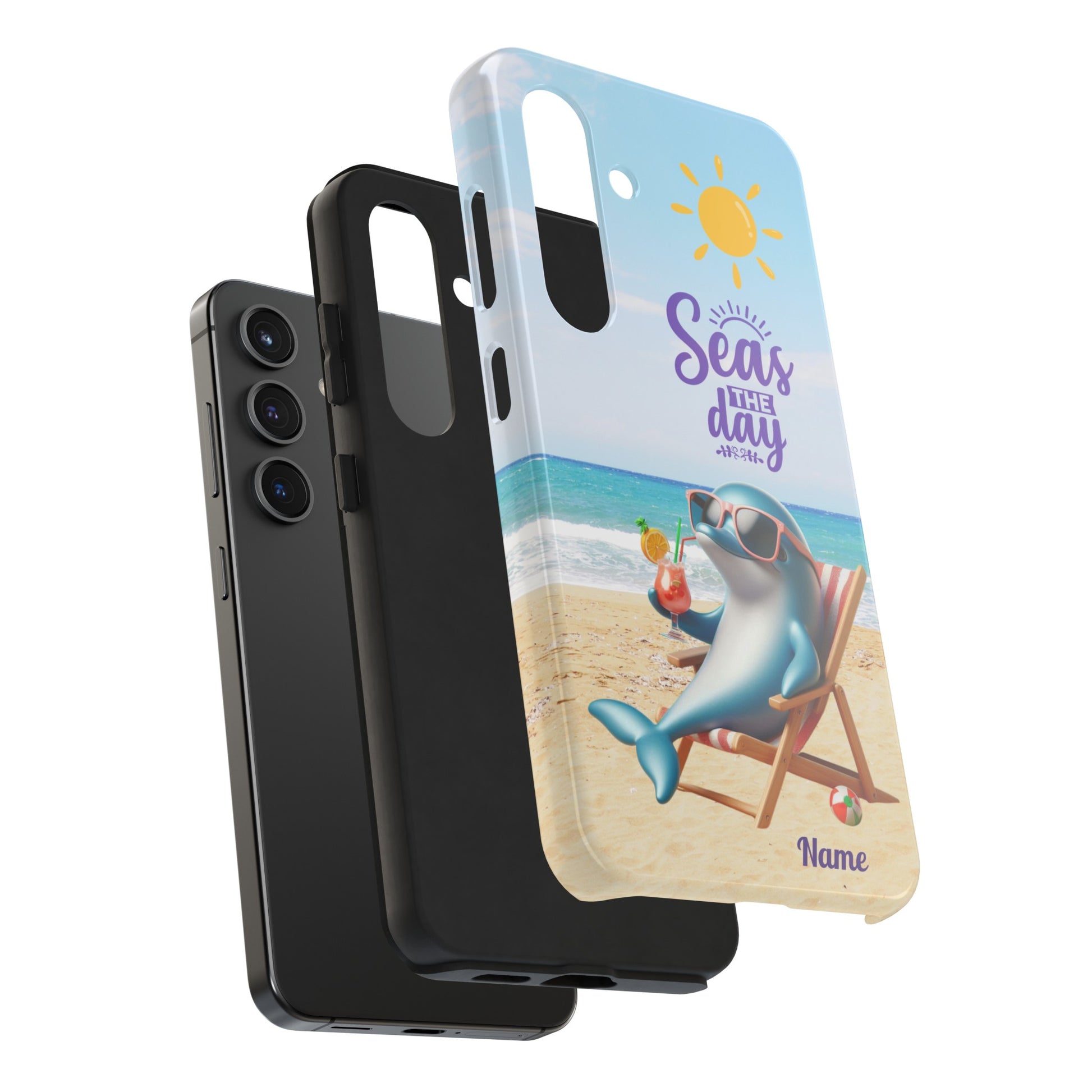 triple layer of Phone Case Dolphin sitting in beach lounge chair on beach with text Seas The Day Personalized