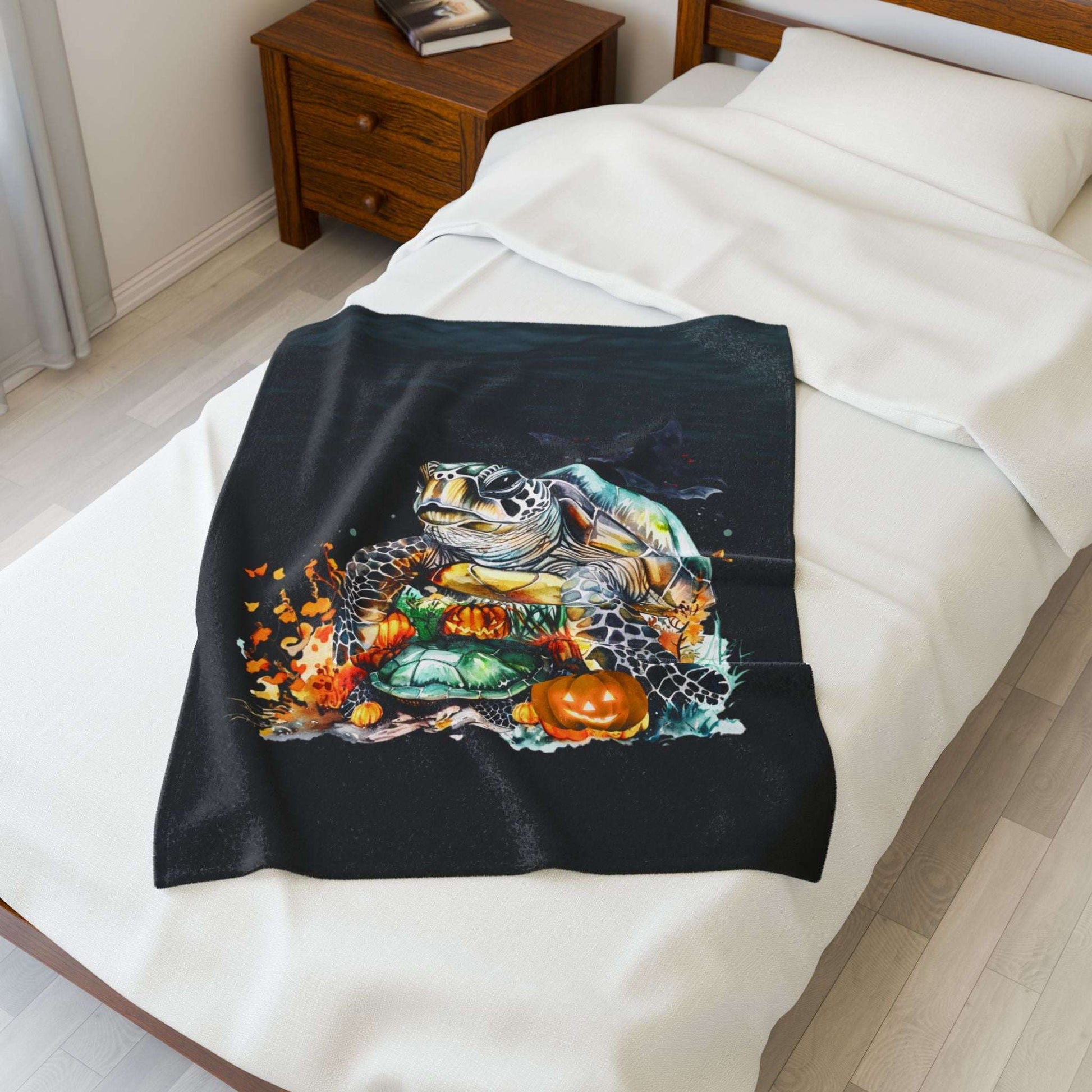 Sea Turtle Plush 30" x 40" Blanket with underwater plants and pumpkins on dark water background.