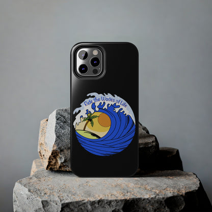 black Iphone Tough Case with a blue wave and sunset that says Ride the Waves of Life