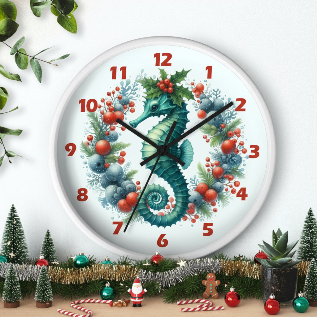 Wall clock with a seahorse design on a white background