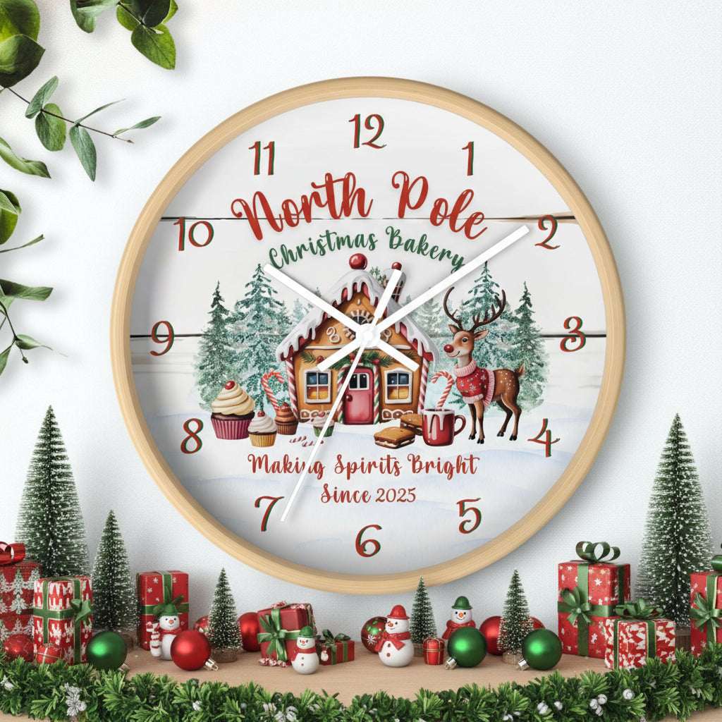 Decorative clock with Christmas-themed design on a white background