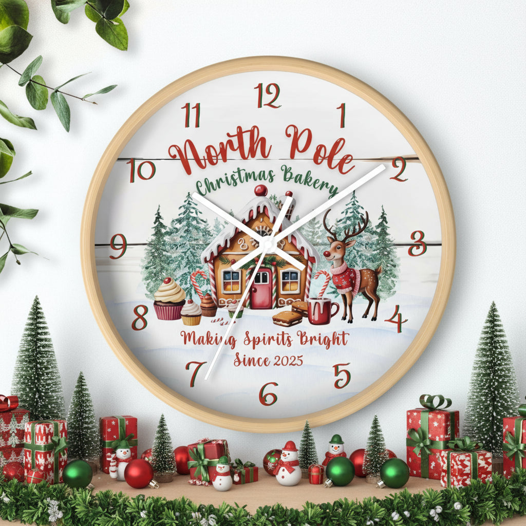 Decorative clock with Christmas-themed design on a white background