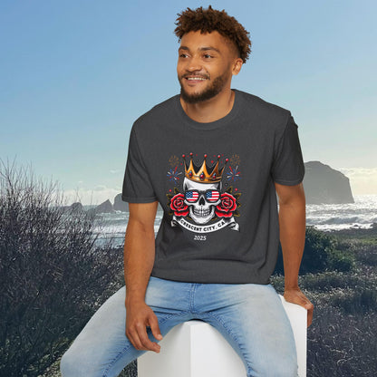T-shirt with a graphic of a skull, roses, crown, and Crescent City, CA text below.