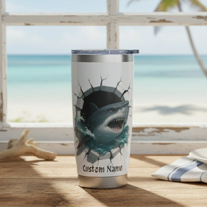 Tumbler with shark design and 'Custom Name' text.
