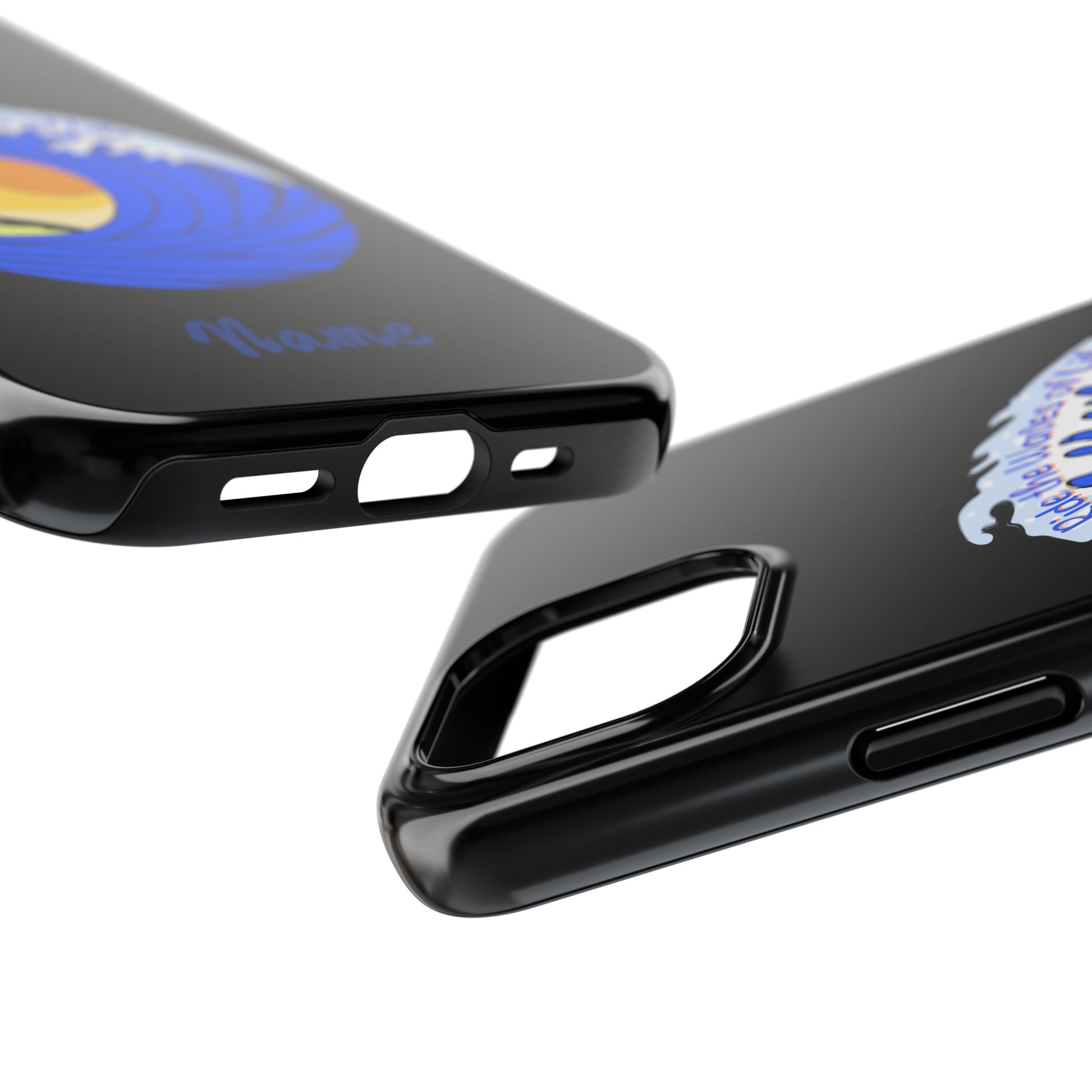 top and bottom view of Phone case black with barrel wave with sunset in middle that says Ride the Waves of life