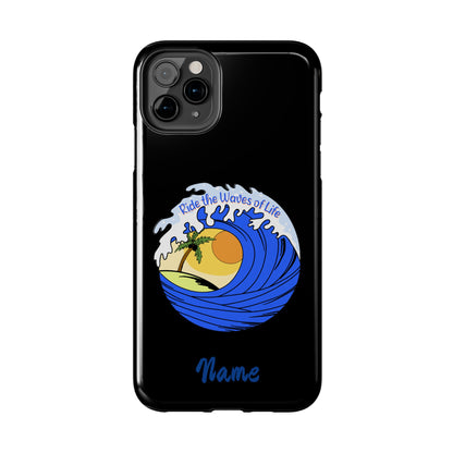 Phone case black with barrel wave with sunset in middle that says Ride the Waves of life