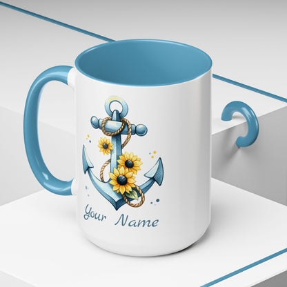 15 oz White mug with baby blue handle and interior with Anchor and Sunflowers with text Seas the Day