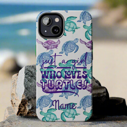Phone case with sea turtle design and text on a gray background