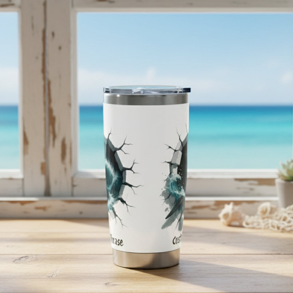 Side view of white tumbler with shark breakout design personalized.