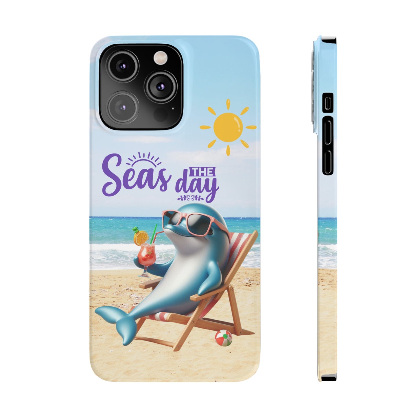 iPhone Case Dolphin sitting in beach lounge chair on beach with text Seas The Day