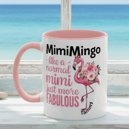 Mug with pink flamingo design and text on a white background