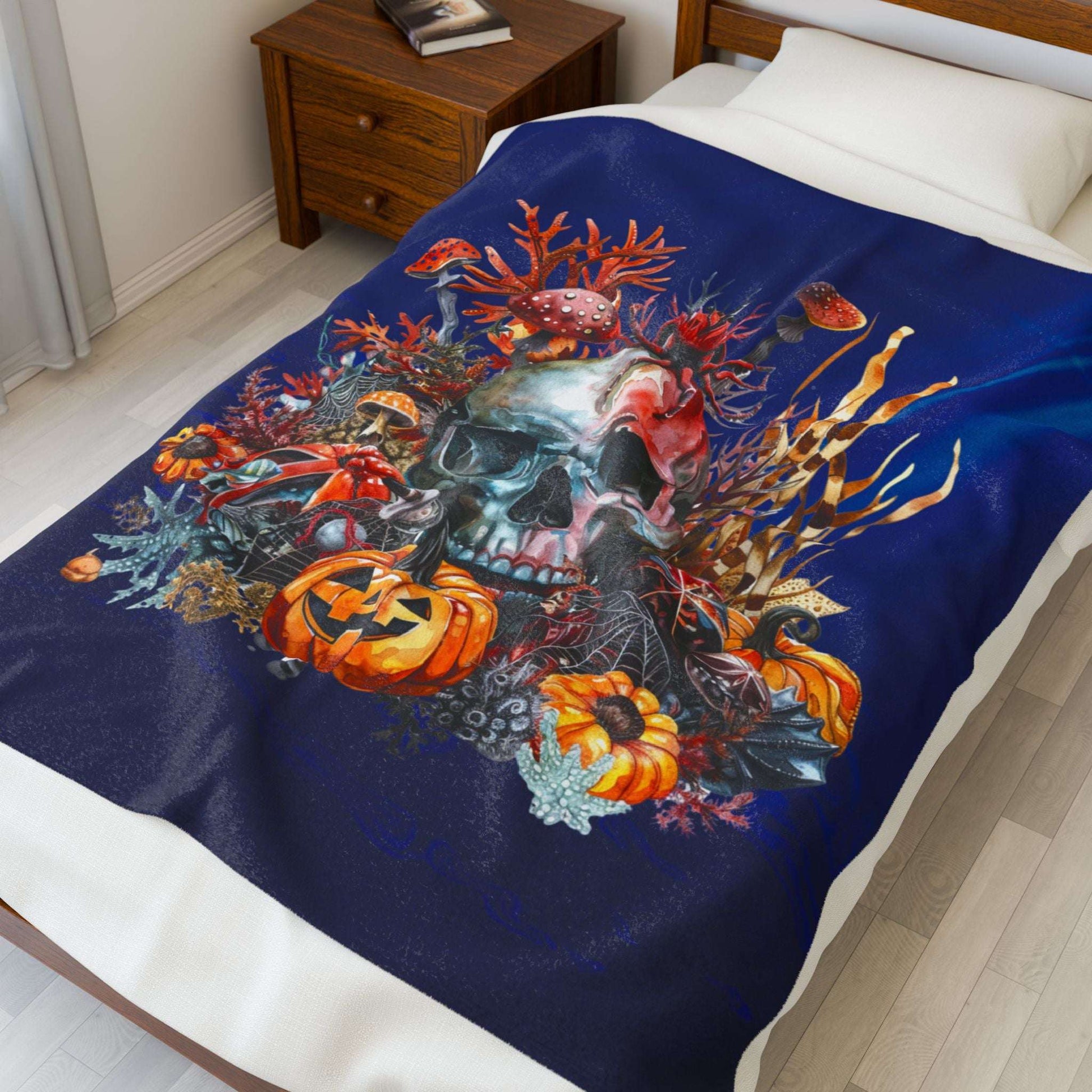 Halloween Skull Plush 50" x 60" Blanket with skull, pumpkins, and underwater plants on dark blue background.