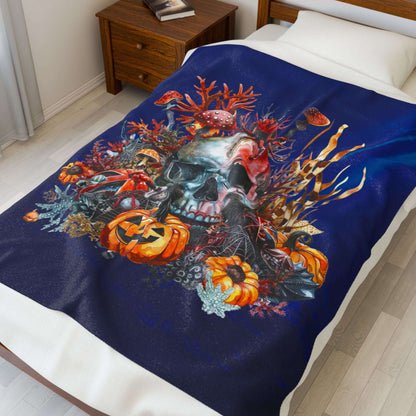 Halloween Skull Plush 50" x 60" Blanket with skull, pumpkins, and underwater plants on dark blue background.