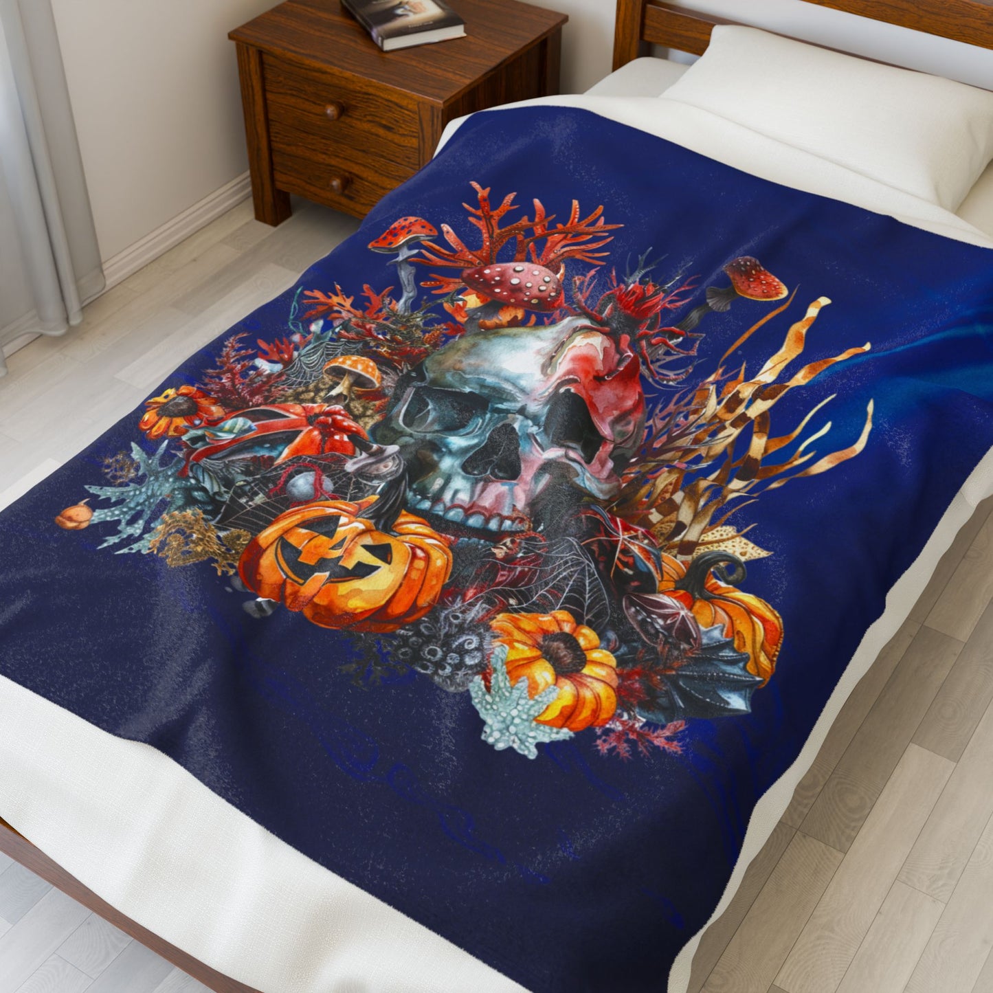Halloween Skull Plush 50" x 60" Blanket with skull, pumpkins, and underwater plants on dark blue background.