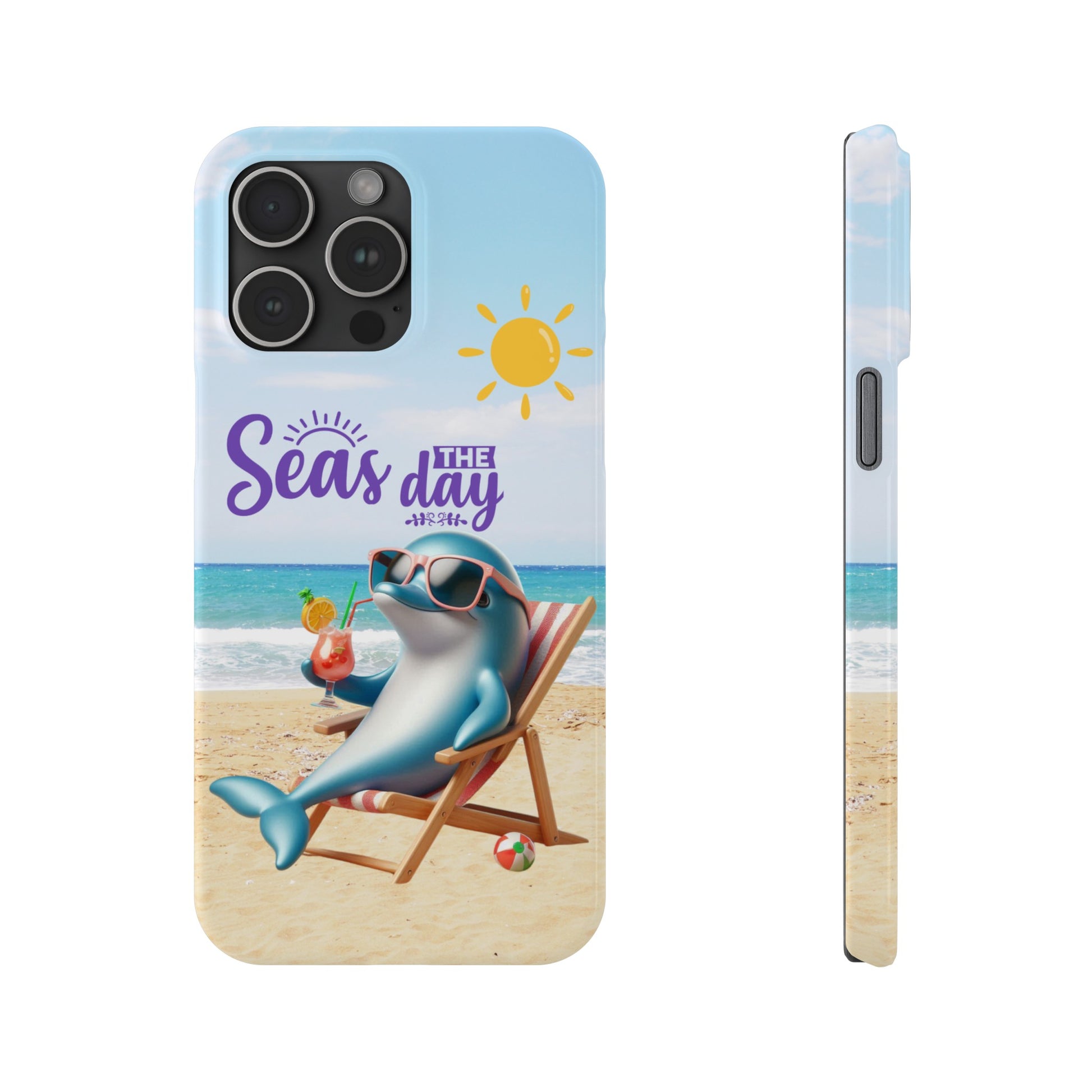 iPhone Case Dolphin sitting in beach lounge chair on beach with text Seas The Day