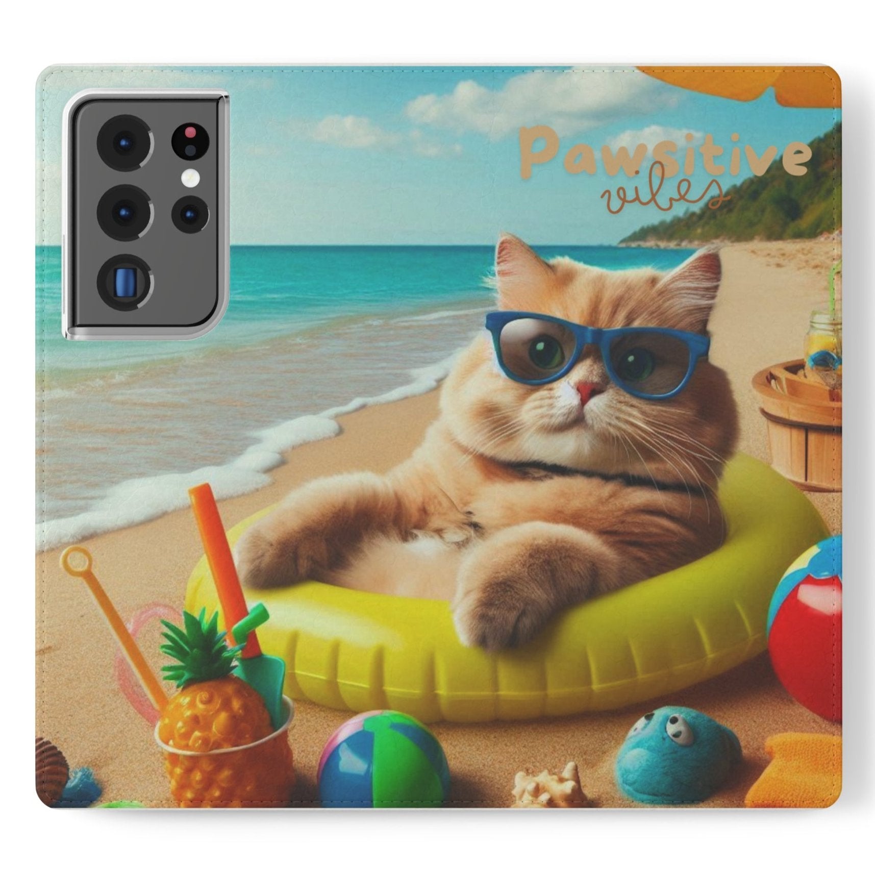 Opened phone case wallet with picture of cat lounging on beach with pool toys and drinks surrounding the cat with the text Pawitive Vibes.