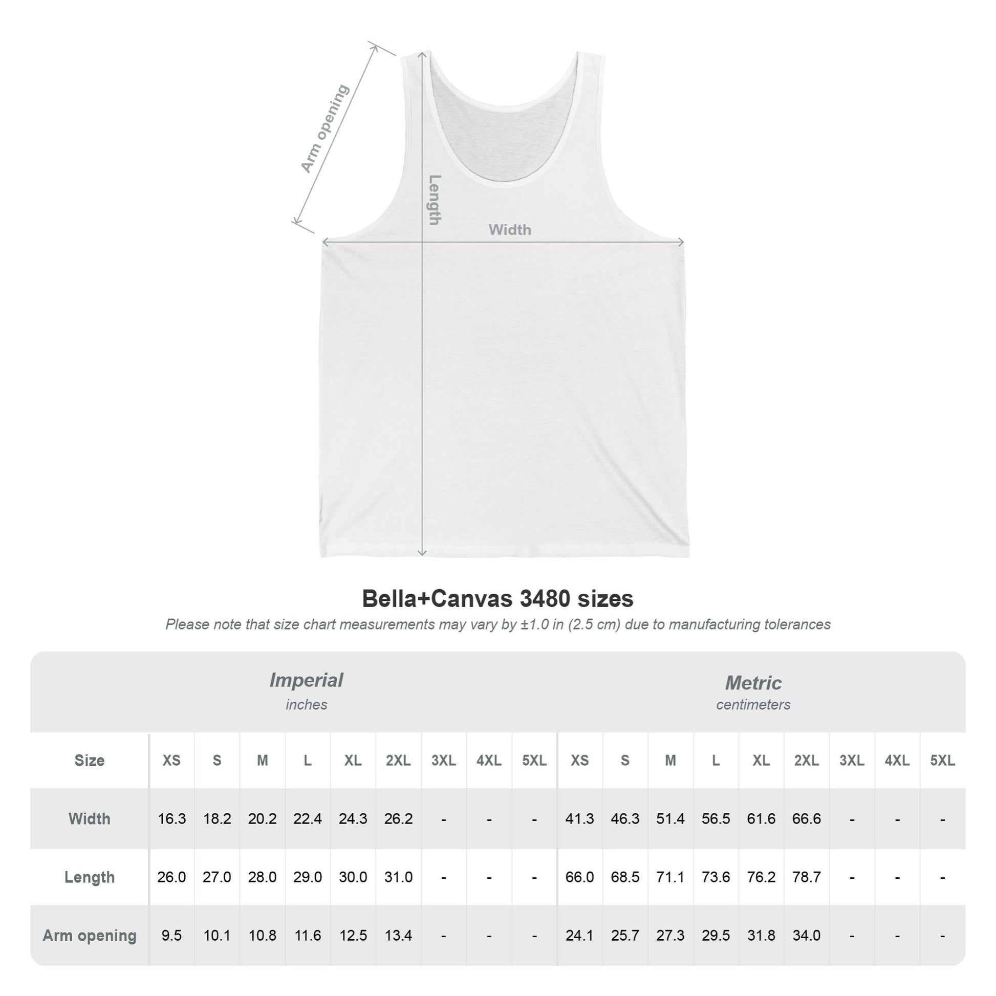 White tank top with measurement chart on a white background