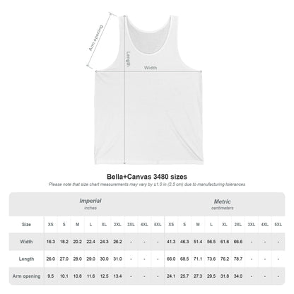 White tank top with measurement chart on a white background