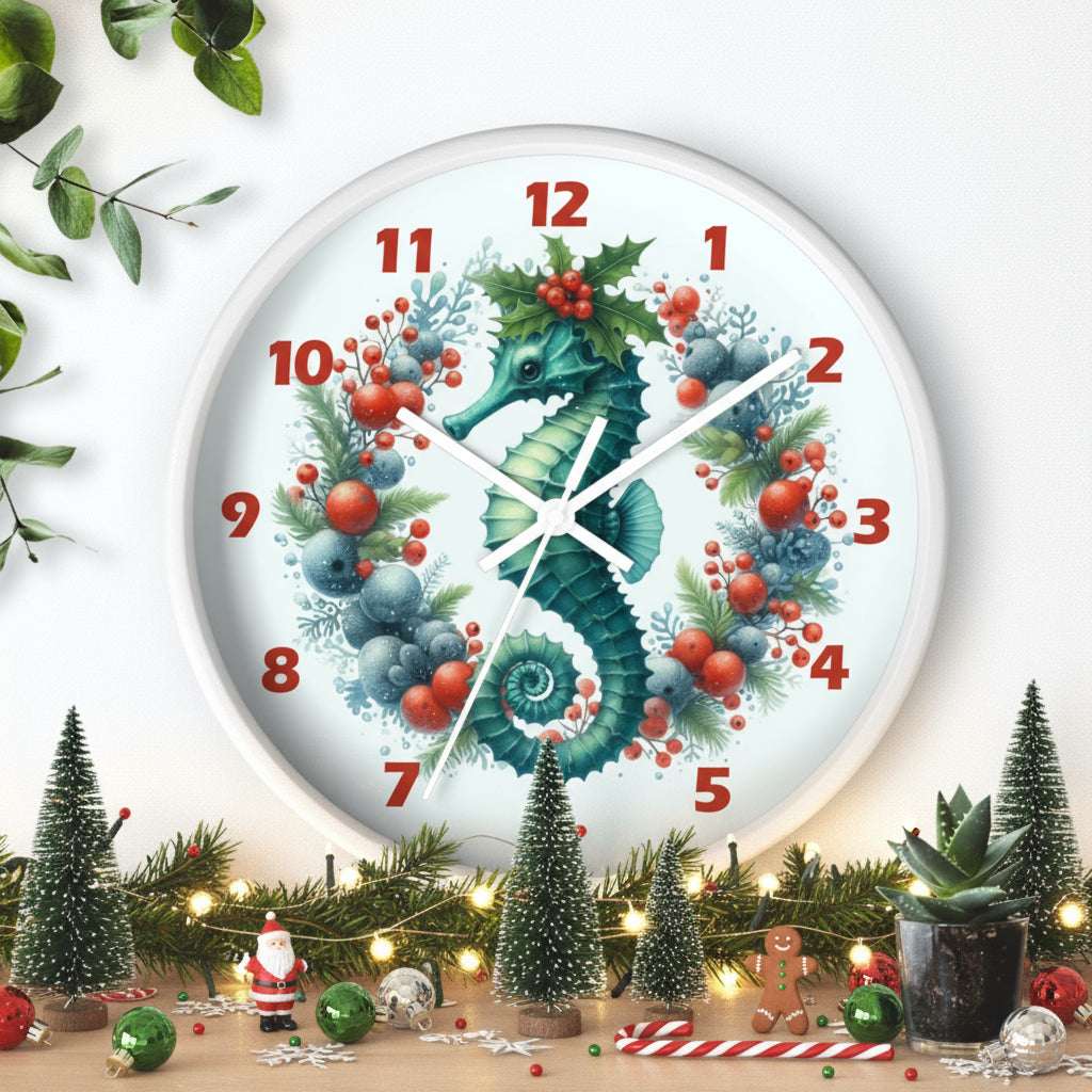 Decorative wall clock with a seahorse design on a white background