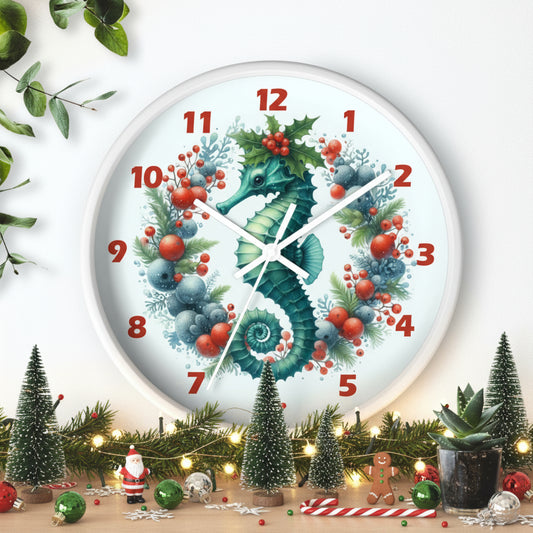 Decorative wall clock with a seahorse design on a white background
