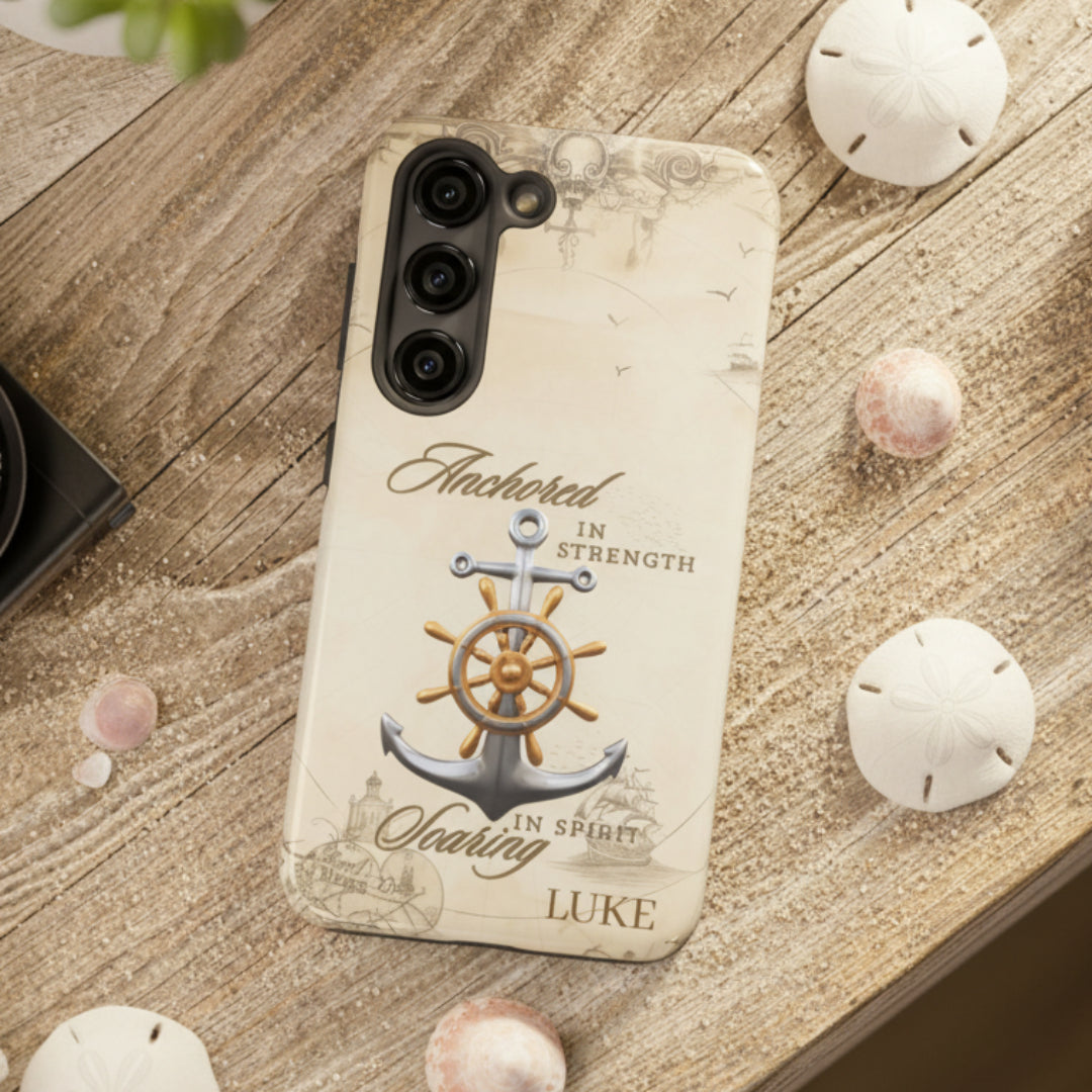 Phone case with anchor and ship wheel design that can be personalized.