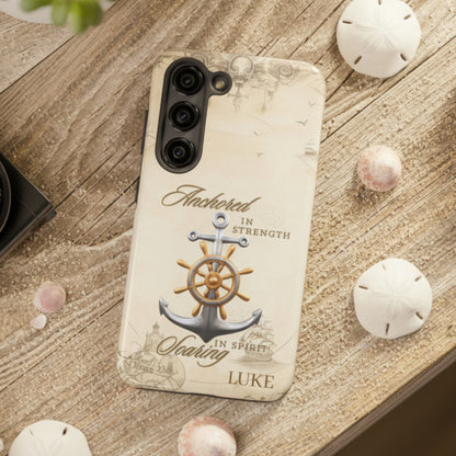 Phone case with anchor and ship wheel design that can be personalized.