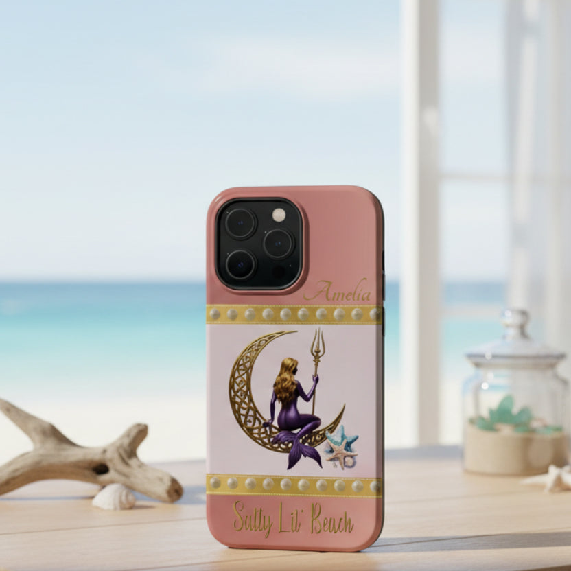 Phone case with mermaid design and personalized on a pink background
