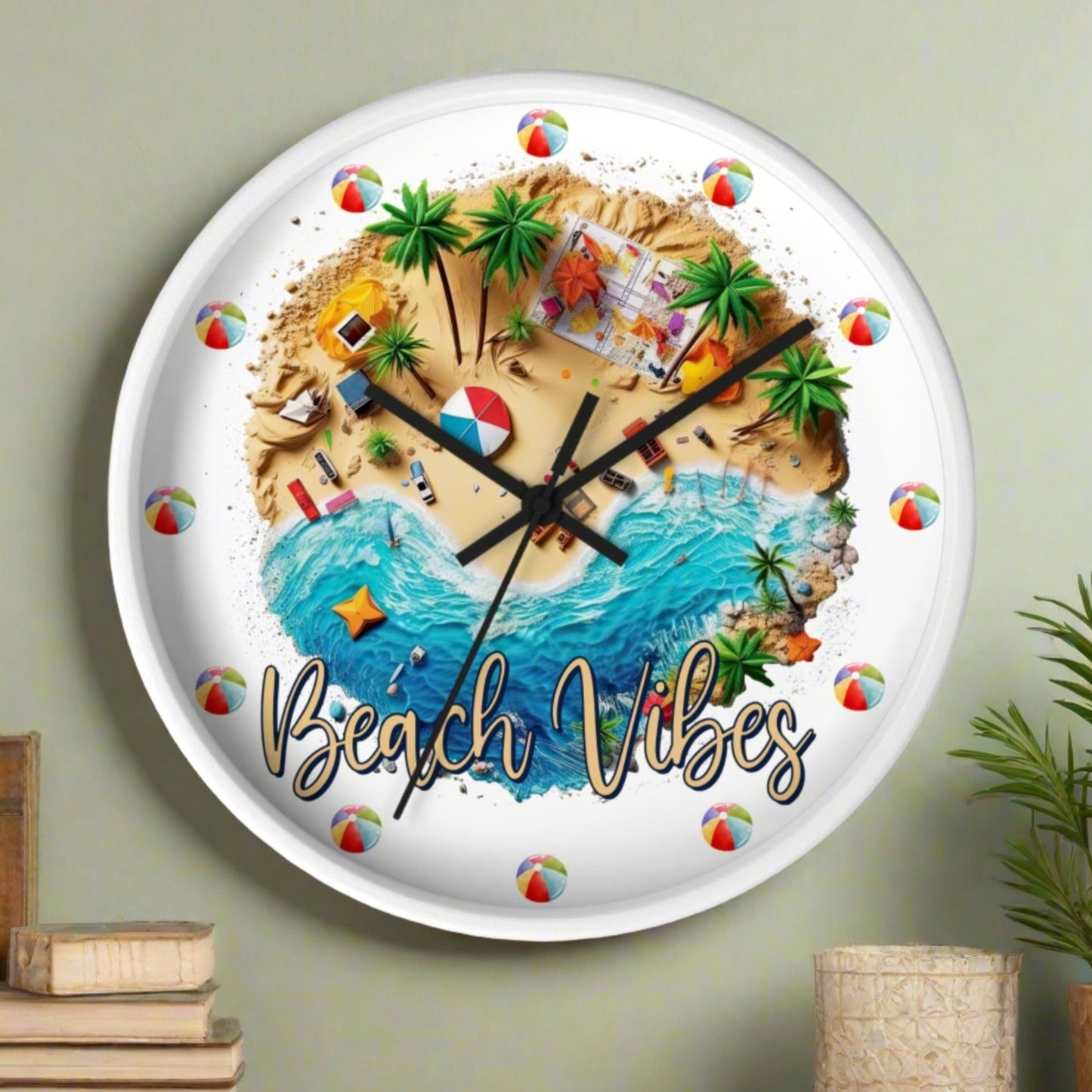 A round wall clock with a white frame with black hands with a beach scene that says Beach Vibes and has beach balls in place of the numbers to show the time.