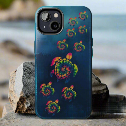 Phone case with colorful turtle design on a blue background