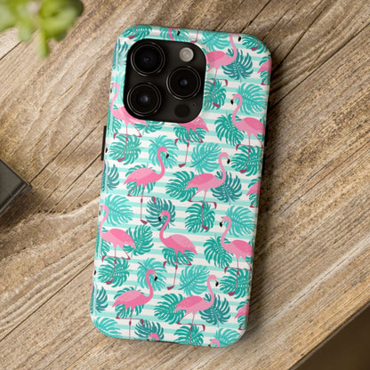 Phone case with flamingo and leaf pattern on a wooden surface