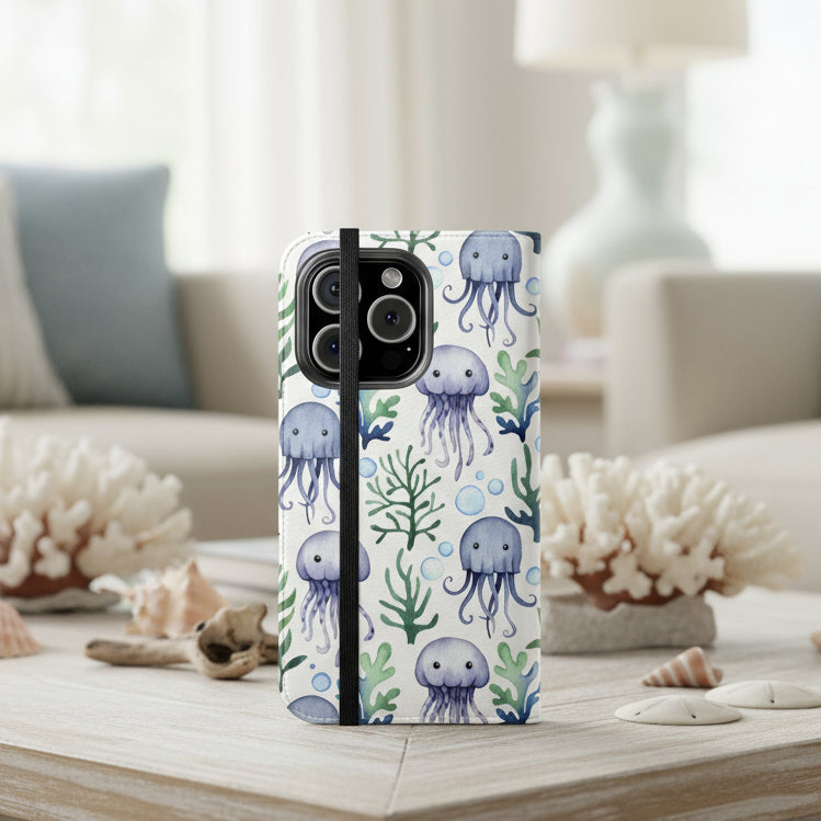 Phone case with jellyfish and underwater plant design on a white background