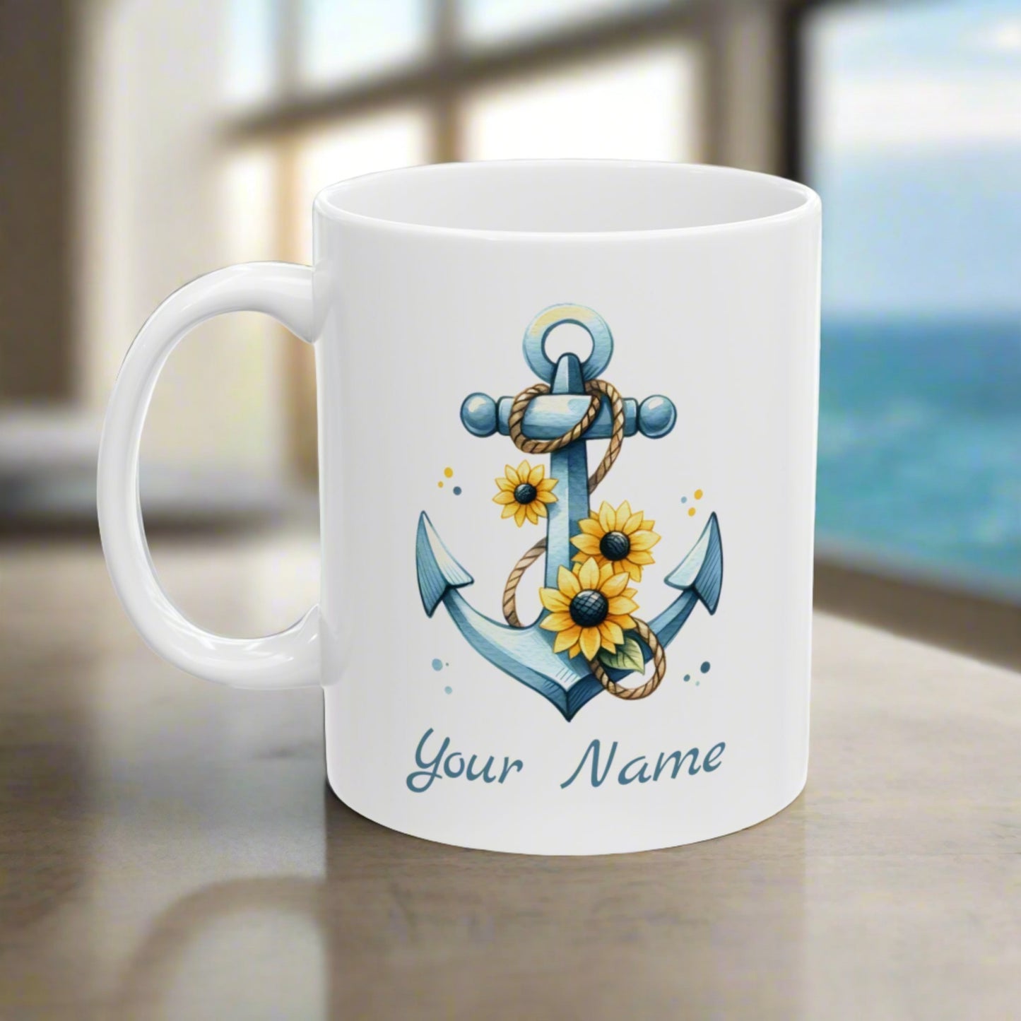 11 oz White mug with Anchor and Sunflowers with text Seas the Day