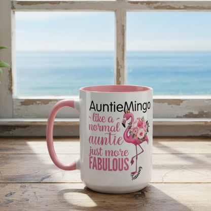 Mug with flamingo design and text on a white background