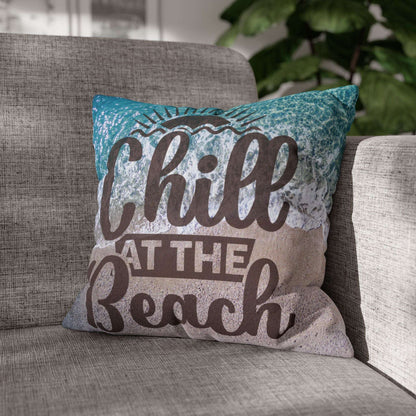 16" x 16" Decorative pillow with 'Chill at the Beach' text on a beach background. 