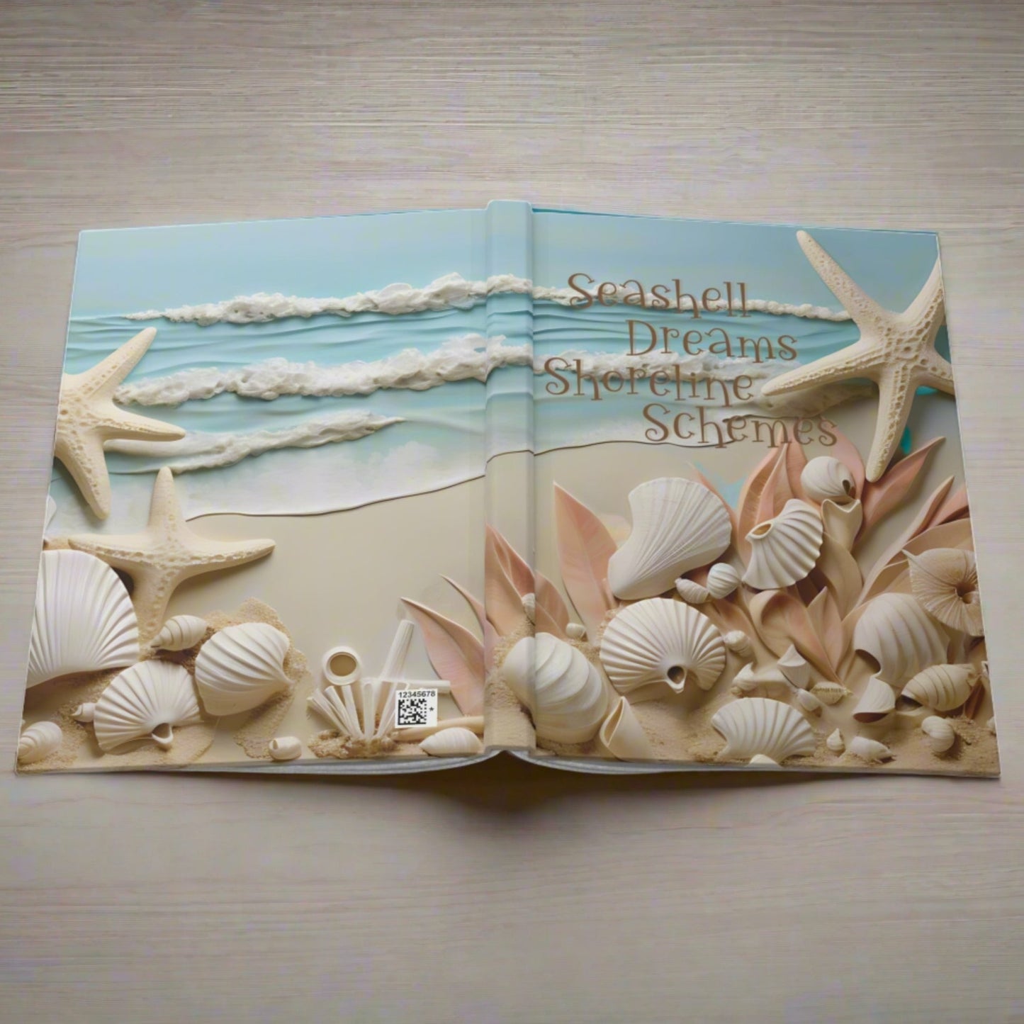 Hardcover journal with ocean waves, seashells, star fish and the text seashell dreams shoreline schemes