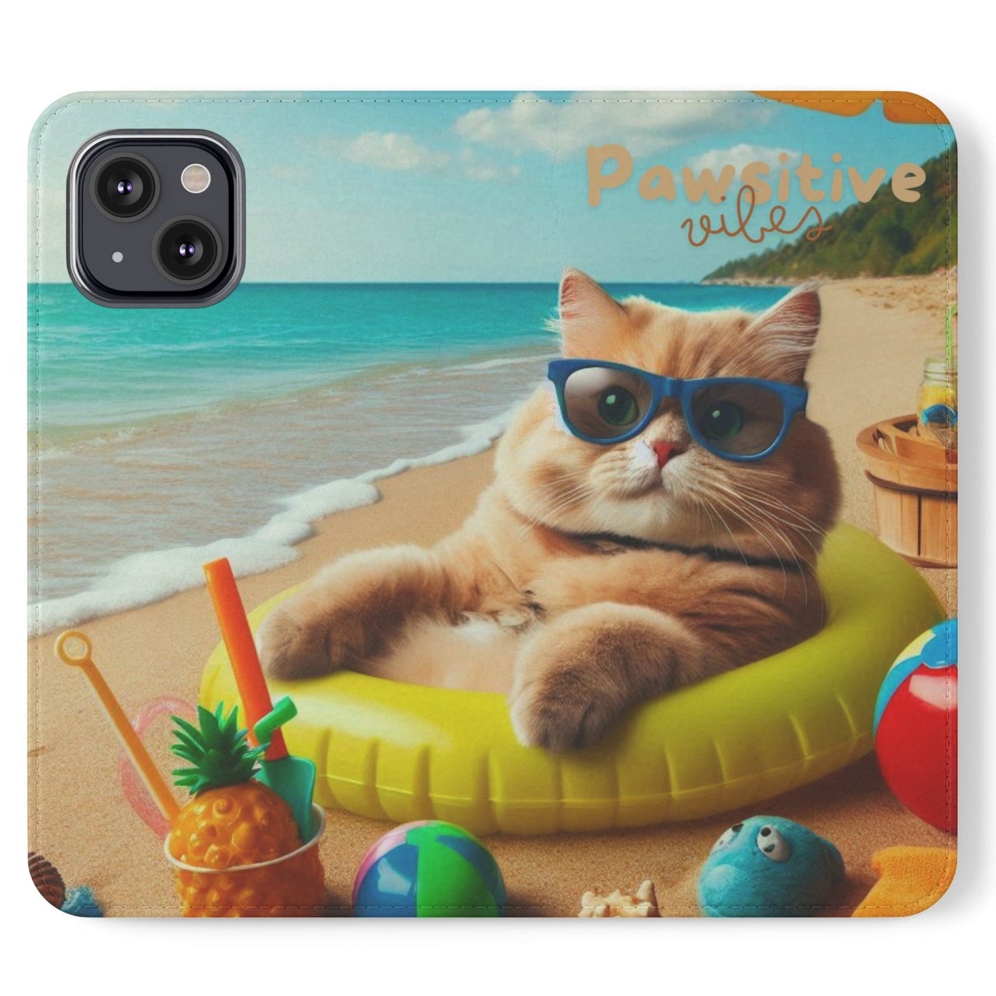 Opened phone case wallet with picture of cat lounging on beach with pool toys and drinks surrounding the cat with the text Pawitive Vibes.