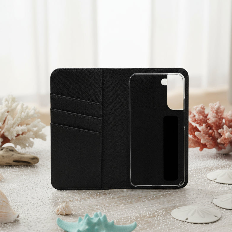 Inside of flip phone case with card slots on a white background