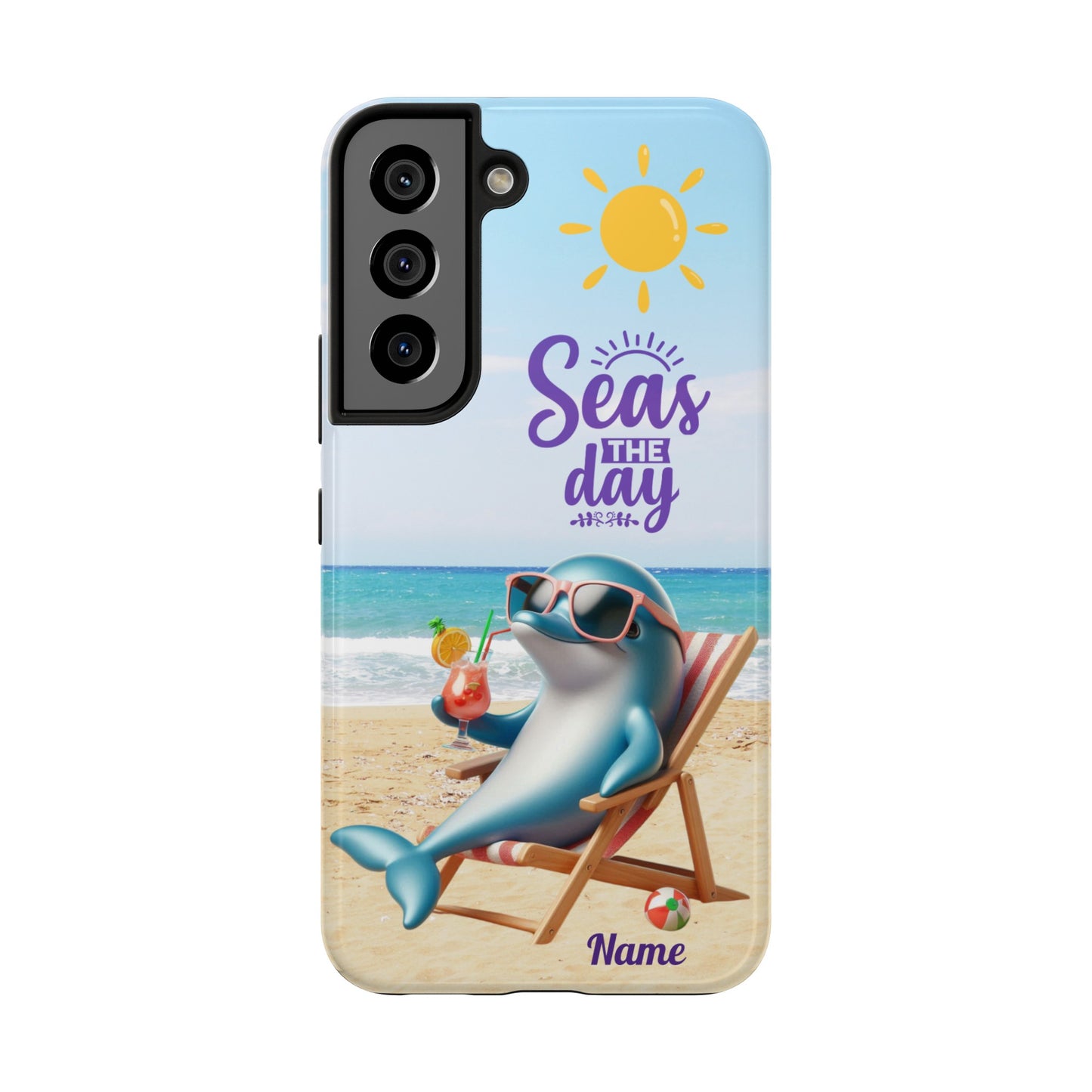 Phone Case Dolphin sitting in beach lounge chair on beach with text Seas The Day Personalized