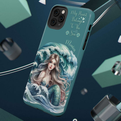 iPhone case with mermaid design and text on a dark blue background
