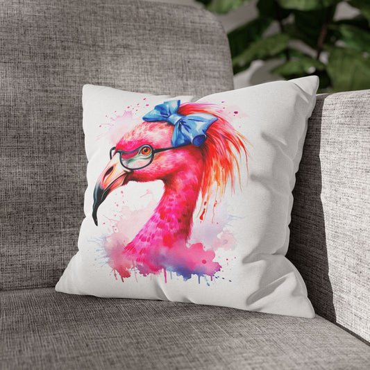Decorative Square pillowcase featuring a flamingo head wearing glasses and a big blue bow on a white background.