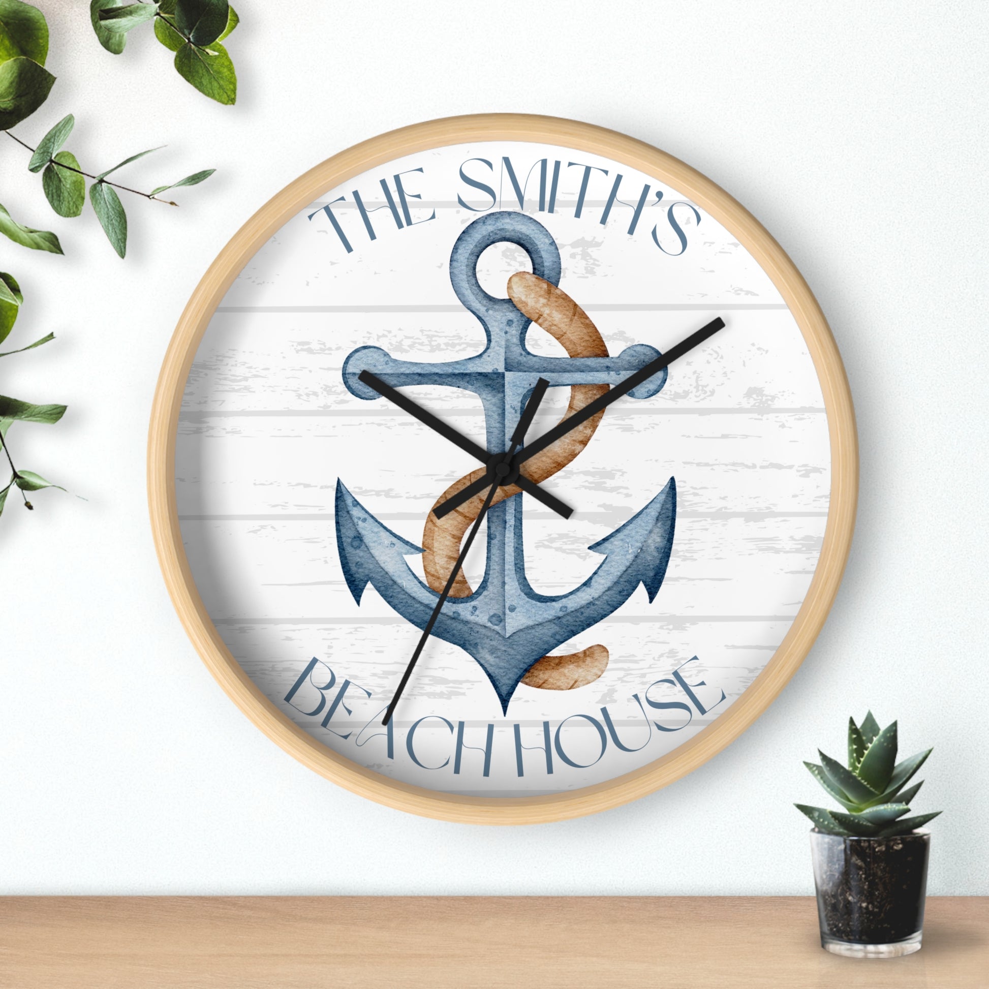 10" round wall clock wood frame black hands blue anchor with the text Personalized Name Beach House.