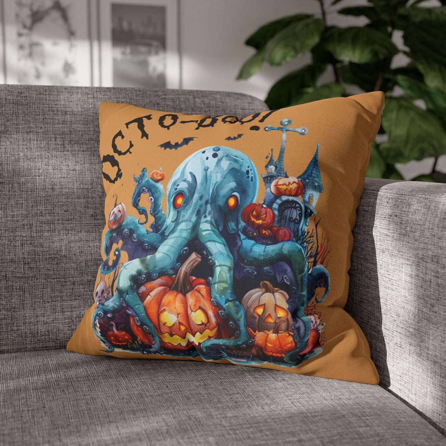 Halloween-themed pillow with an octopus and pumpkins on a gray couch.