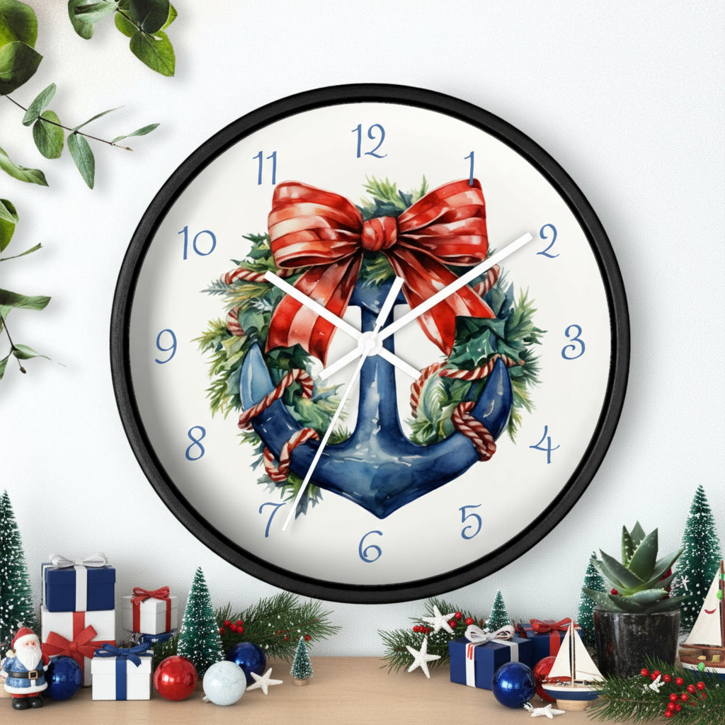 Decorative wall clock with a wreath and bow design on a white background