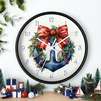 Decorative wall clock with a wreath and bow design on a white background