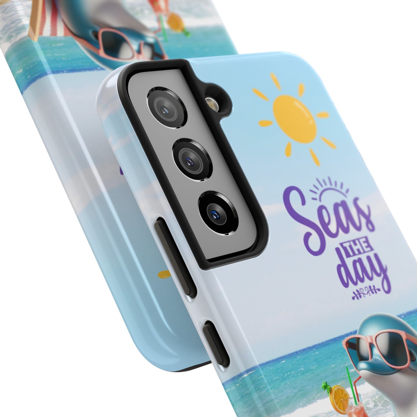 double layer image Samsung Phone Case Dolphin sitting in beach lounge chair on beach with text Seas The Day